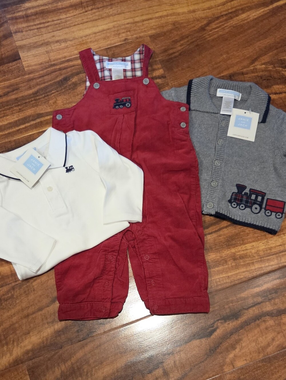 Janie and Jack NWT 3-6 Months Red Corduroy Overalls, Bodysuit and Train Sweater